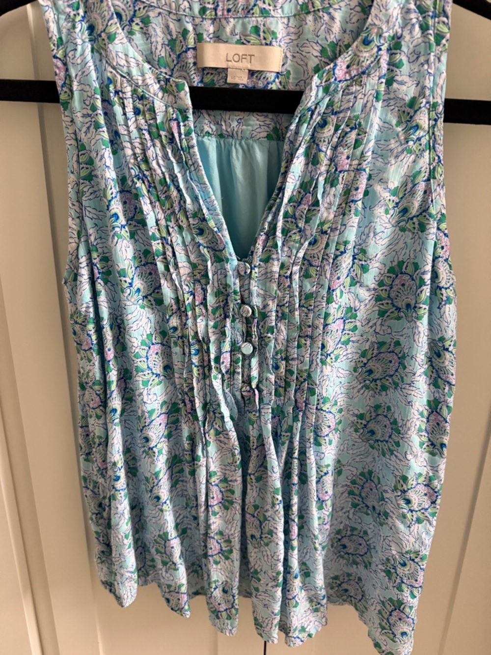 LOFT Light Blue Floral Shell with Green and Blue Accents